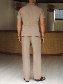 Manfinity RSRT 男士成熟休闲西装领口设计上衣和长裤衬衫套装 - 藕粉色 - 查看 2