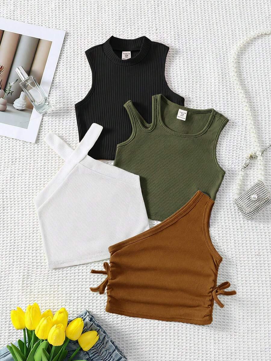 SHEIN 4pcs/Set Tween Girls' Knit Fitted Colorful Candy Color Soft Casual Camisole - Multicolor - View 1