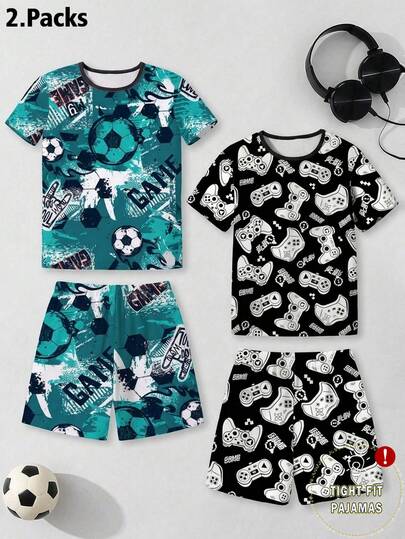 SHEIN Summer Football Pajamas Teen Boys Rugby Print Short Sleeve Short Sleeve Shorts Two Piece Skinny Pajama Set For Spring And Summer Soft And Comfortable Fabric For Summer Cool And Comfortable 2026 New Men's Teen Suit Snug Fit