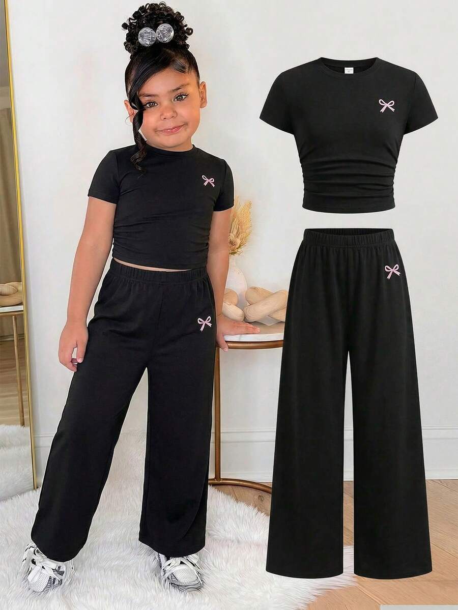 SHEIN 2pcs Young Girl Bow Print Knit Set, Casual Versatile Fashion Outfit - Black - View 1