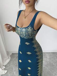 SHEIN Raffinéa 女士亮金色黑色夏季新款连衣裙，方领吊带露背开衩修身高腰连衣裙，适合派对、婚礼、商务宴会、日常场合、盛会、婚宴、节日装扮等。 - Fresh Green - 查看 3