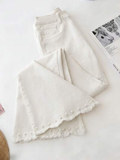 GlowEve 女士口袋仿珍珠装饰阔腿毛边牛仔裤