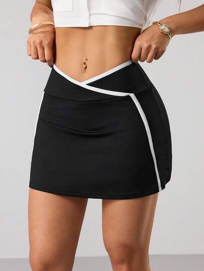 Dewbera Váy thể thao nữ ngoài trời màu đen trắng, cạp chéo, có túi đựng điện thoại.