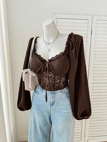 Comfortcana Plus Size Women Lantern Sleeve Lace Patchwork Square Collar Padded Romantic Blouse, Suitable For Dates And Parties, Autumn/Winter - Brown - View 11