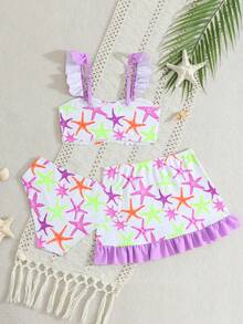 Young Girls Printed Swimwear, Ruffled Trim, 3 Pieces Set - Purple - View 2