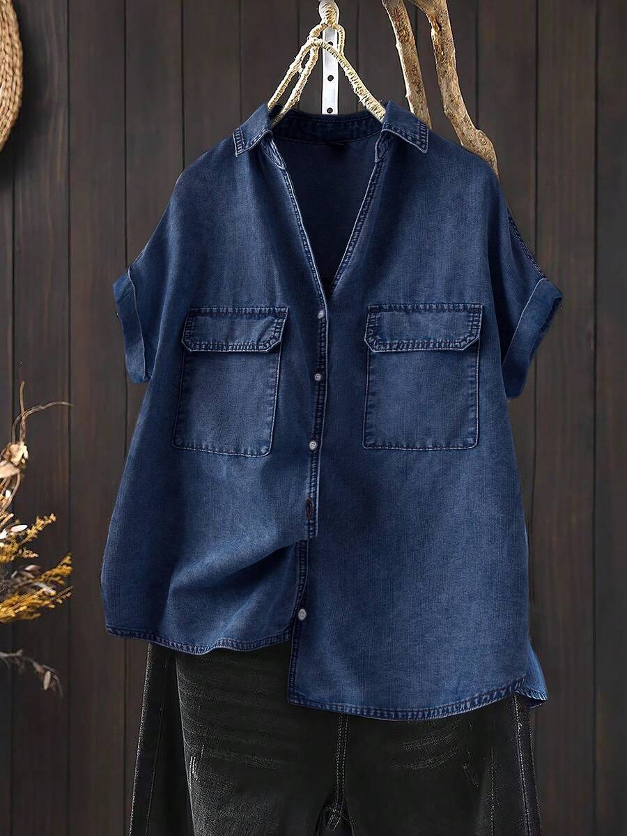 EMERY ROSE EMERY ROSE Kemeja Denim Kasual Wanita Lengan Pendek Kancing Tunggal dengan Saku - Dark Wash - View 1