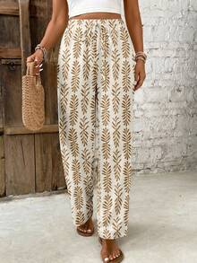 SHEIN Frenchy 女士热带植物印花弹力腰休闲裤 - 彩色 - 查看 4