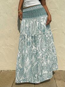 Sunnyshic 女士波西米亚印花半身裙，休闲度假日常穿着，春夏款 - 水鴨藍 - 查看 4