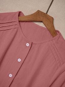 Louniche Đầm sơ mi nữ tay ngắn màu trơn, chất liệu cotton lanh, kiểu dáng thường ngày. - Màu hồng gỉ - Xem 7