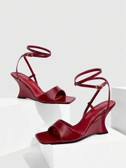 CUCCOO SZL Women Shoes Summer Cross Strap Metal Buckle Square Toe Slope Heel Antique Patent Leather Burgundy Sandals Commuter Dating
