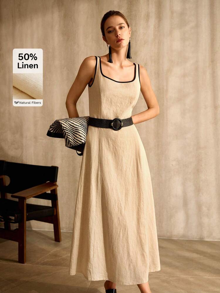 WOMEN'S LINEN COLORBLOCK DECOR SQUARE NECK A-LINE LONG DRESS, SPRING/SUMMER