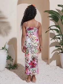 SHEIN 少女度假休闲豹纹印花开衩吊带连衣裙 - 彩色 - 查看 2