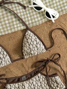 SHEIN Swim Vcay 白色蕾丝面料，侧系带设计，优雅性感女士泳衣套装 - 彩色 - 查看 3