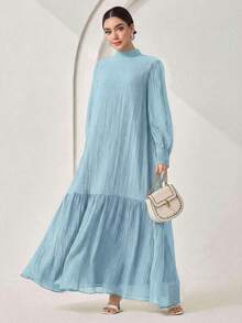 Veilorie Women's Solid Color Pleated Collar Casual Party Travel Dress - Baby Blue - View 7