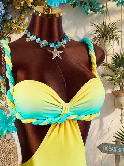 Amplova 1pc Women's Linen Detail One-Piece Swimsuit, Linen Rope Jumpsuit Suitable For Beach Vacation, Daily Wear, Sexy, Cute, Elegant New Arrival, Bright Color Gradient