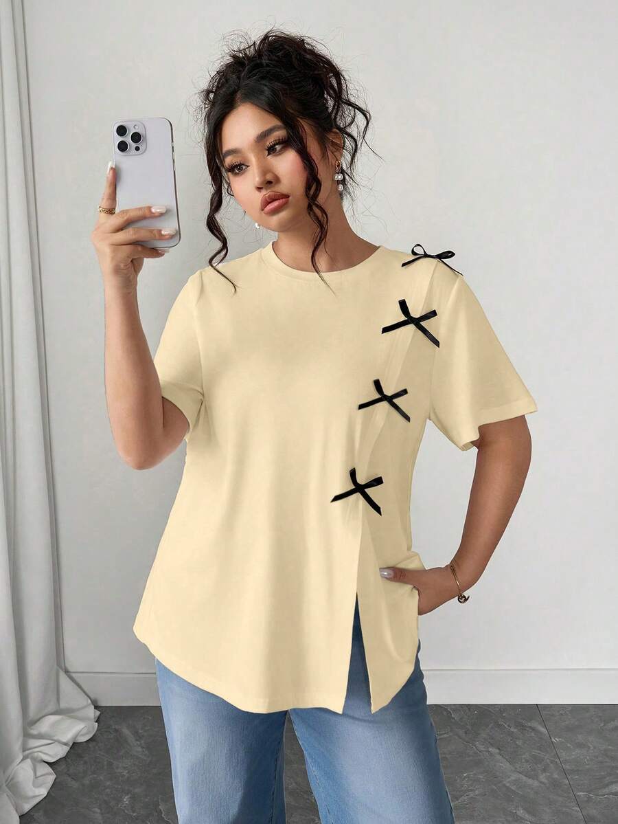 Elenzga 优雅休闲蝴蝶结白色开衩圆领短袖加大码T恤,夏季 - 杏色 - 查看 1