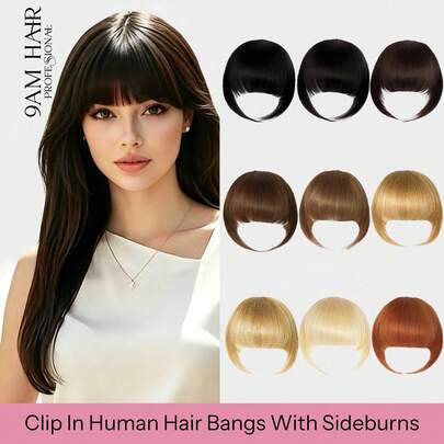 Tóc mái kẹp giả 100% tóc thật, kiểu tóc mái có phần thái dương, tóc mái giả nối dài trông tự nhiên dành cho phụ nữ/bé gái, thích hợp sử dụng hàng ngày.