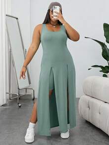 SHEIN Essnce 大码夏季休闲纯色高开衩无袖长款上衣和短裤两件套 - 薄荷綠 - 查看 5