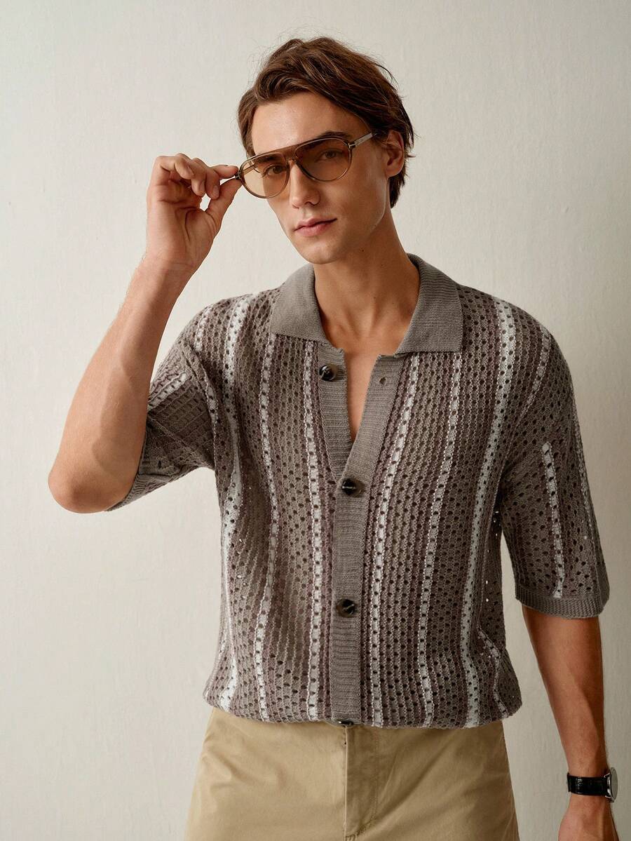 Manfinity Homme 男士灰色條紋印花短袖針織上衣，夏季休閒前開扣度假風，復古假期度假穿搭