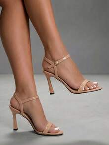 CUCCOO SZL 女士可调节简约酒红色高跟凉鞋，适合日常休闲穿着，春季鞋履，春假复活节舞会高跟鞋 - 杏色 - 查看 1