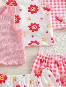 SHEIN 女嬰幼童 0-3 歲 3 件套休閒日常百搭度假風 柔軟波浪紋針織面料 臉花格紋草莓滿版印花 無袖背心上衣與短褲 3 件套 清爽舒適 日常穿著 多功能多件套 - 彩色 - 查看 5