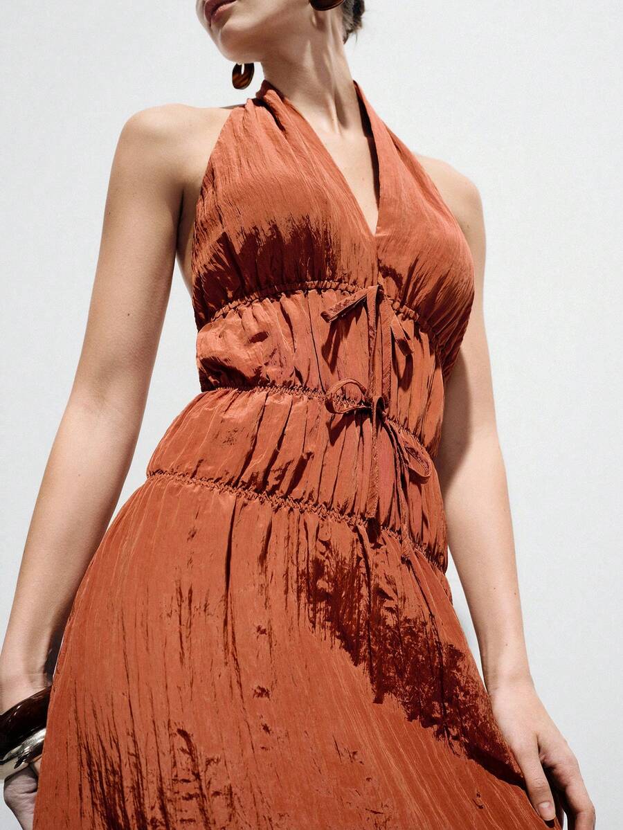 Aveloria Modichic New Backless Halter Neck Tie-Up Sleeveless Mini Dress, Casual Vacation Style, Flattering - Coffee Brown - View 1