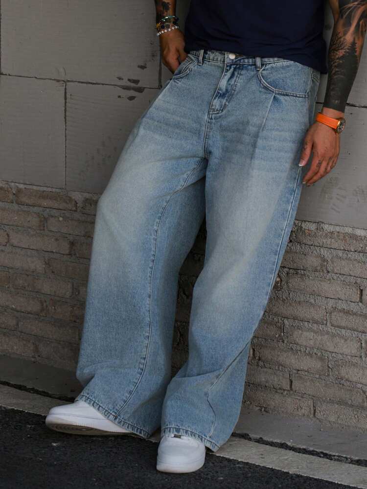 Men's Solid Blue Washed Vintage Style Denim Jeans, Suitable For Spring And Autumn