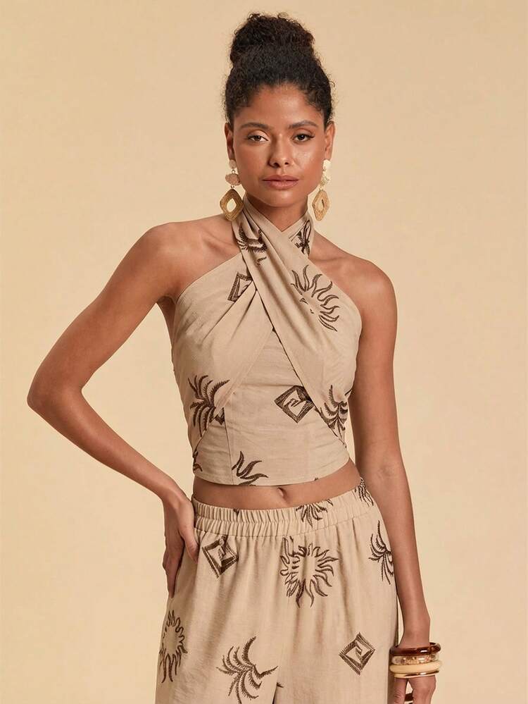 Travachic Woven Women's Embroidered Criss-Cross Halter Top | SHEIN USA
