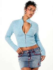 BABYPHAT High Neck Zip Up Ribbed Knit Cardigan Sweater Top With Long Sleeves And Cropped Fit - Blue - View 1