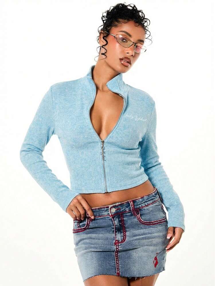 BABYPHAT High Neck Zip Up Ribbed Knit Cardigan Sweater Top With Long Sleeves And Cropped Fit