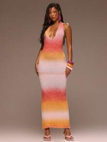 MUSERA 针织深V露背吊带荷叶边渐变针织修身低背长裙，少女风春夏度假夜出可爱场合金色沙滩 - 彩色 - 查看 5