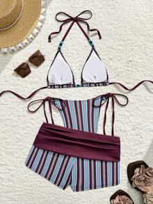 Swim Vcay 春季新款海滩度假派对下午茶条纹印花微三角高开衩侧系带褶皱直筒短裤海军蓝风格三件套比基尼泳衣套装（女款） - 彩色 - 查看 3