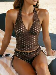Swim Mod 女士夏季两件式泳衣套装，黑白波点印花，荷叶边装饰，露脐上衣和系带泳裤 - 棕色 - 查看 1