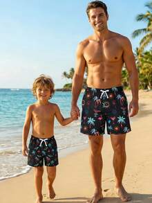 SHEIN Young Boy Tropical Palm Tree,Turtle,Flamingo Print Drawstring Waist Summer Beach Holiday Swimming Shorts,Father Son Matching Family Swim Trunks - Black - View 7