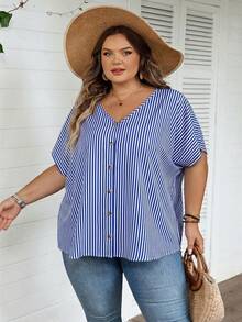 SHEIN CURVE+ Plus Size Summer Casual Striped Batwing Sleeve Shirt - Blue - View 4
