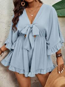 SHEIN VCAY Mono de talla grande con mangas de murciélago, dobladillo con volantes y cintura con lazo, unicolor para vacaciones - Neblina azul - Ver 5