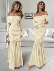 Elenzga New Arrival Spring/Autumn Elegant Romantic Solid Color Ruffle Decor Cross V-Neck Long Sleeve Pleated Fitted Mesh Patchwork Bodycon Dress For Women - Apricot - View 7