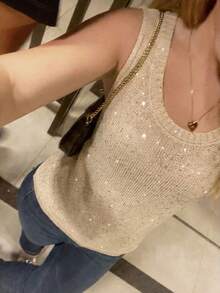 EMERY ROSE Women's Fashion Casual Champagne Gold V-Neck Glitter Knit Sweater Vest Women Casual Outfits Women's Summer Outfits Women Spring Outfit Outfit Summer - Champagne - View 5