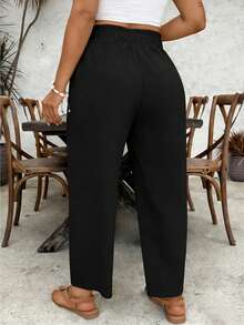 SHEIN VCAY Plus-Size Women's Black Loose-Fitting Striped Casual Pants, With A Drawstring Waist And Ruffled Hem. - Black - View 2