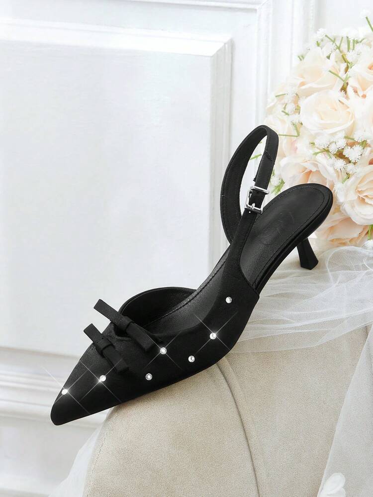 CUCCOO HITCHD Premium Black Satin Bow Slingback Shoes, Pointed Thin Diamond Kitten And Bow Thin Heel Banquet Shoes