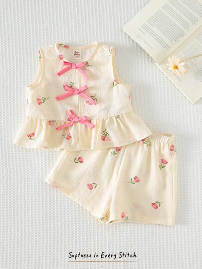 Cozy Pixies 女婴碎花印花撞色蝴蝶结装饰无袖上衣和松紧腰短裤两件套