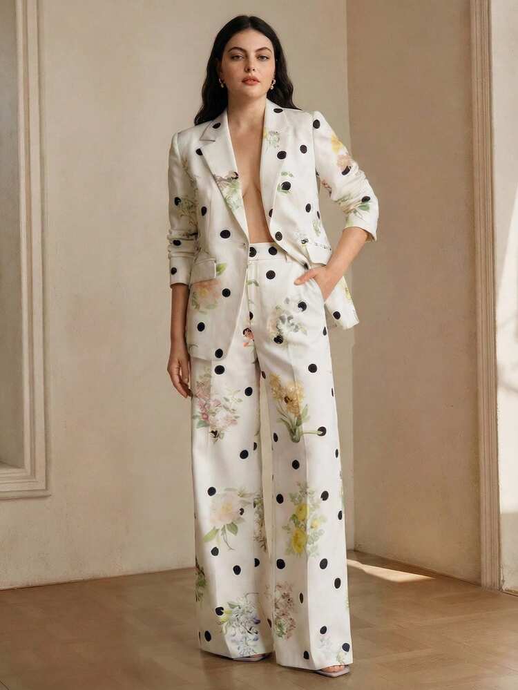 Plus Size Women's Fashionable Polka Dot & Floral Print Slimming High-Quality Dress Pants, Suitable For Going Out, Party, Formal Occasions