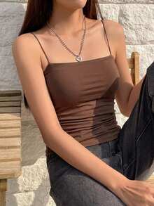 DAZY 女款純色修身休閒細肩帶背心夏季上衣 - 咖啡棕 - 查看 6
