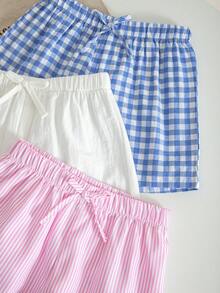 SHEIN 3件套少女梭织纯色条纹格子休闲短裤套装，三件套少女夏季短裤，少女服装，少女短裤，格子短裤，条纹短裤，柔软透气，少女弹力腰带短裤，夏季舒适日常穿着 - 彩色 - 查看 5