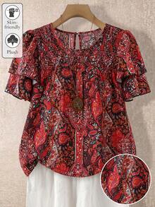 SHEIN LUNE CURVE Áo kiểu nữ cỡ lớn, màu trơn, cổ tròn, tay hai lớp, ngắn, kiểu dáng thường ngày, xếp ly, thời trang, đa năng, thích hợp cho kỳ nghỉ hè. - Đỏ - Xem 1