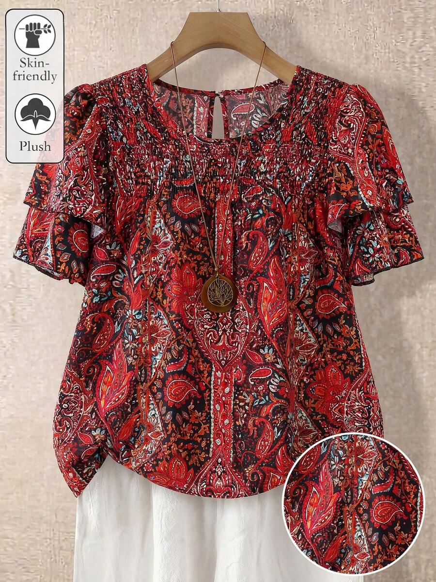 SHEIN LUNE CURVE Áo kiểu nữ cỡ lớn, màu trơn, cổ tròn, tay hai lớp, ngắn, kiểu dáng thường ngày, xếp ly, thời trang, đa năng, thích hợp cho kỳ nghỉ hè. - Đỏ - Xem 1