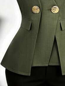 Endroma Women's Elegant Office Wear, V-Neck Sleeveless Double-Layer Placket Exaggerated Metal Button Decor Sleeveless Blouse, Spring/Summer - Army Green - View 5