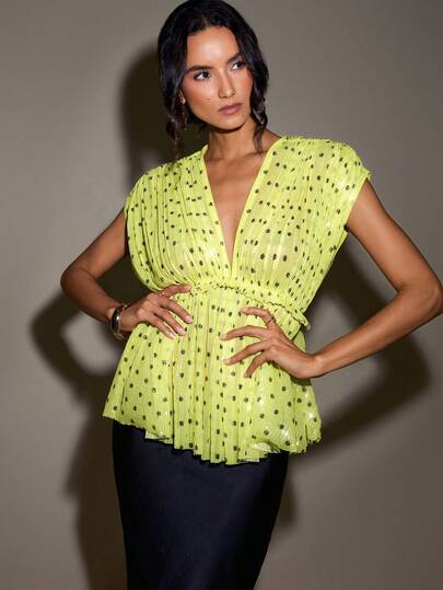 LOTSLUV Áo kiểu nữ màu vàng chấm bi đính cườm, cổ chữ V, không tay, xếp ly, thắt eo, thích hợp cho kỳ nghỉ xuân/hè.