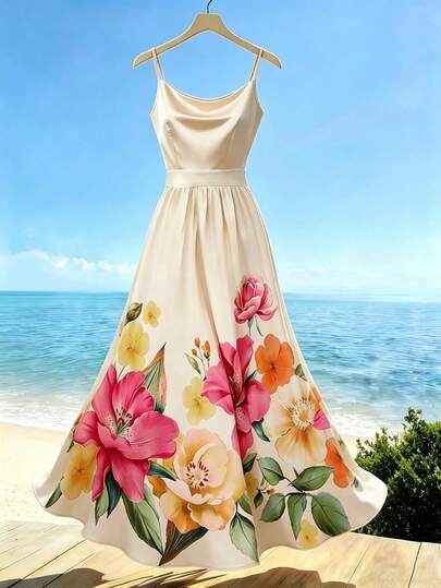 Franclia Vestido largo con decoración floral, cintura ceñida, cuello cuadrado y tirantes finos para mujer