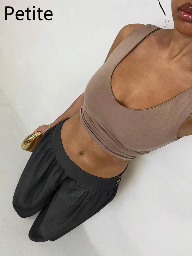 SHEIN PETITE Quần ống rộng cạp thấp kiểu retro, quần dài nữ dáng suông, tôn dáng, thích hợp cho mùa thu, trở lại trường học. - Xám - Xem 5